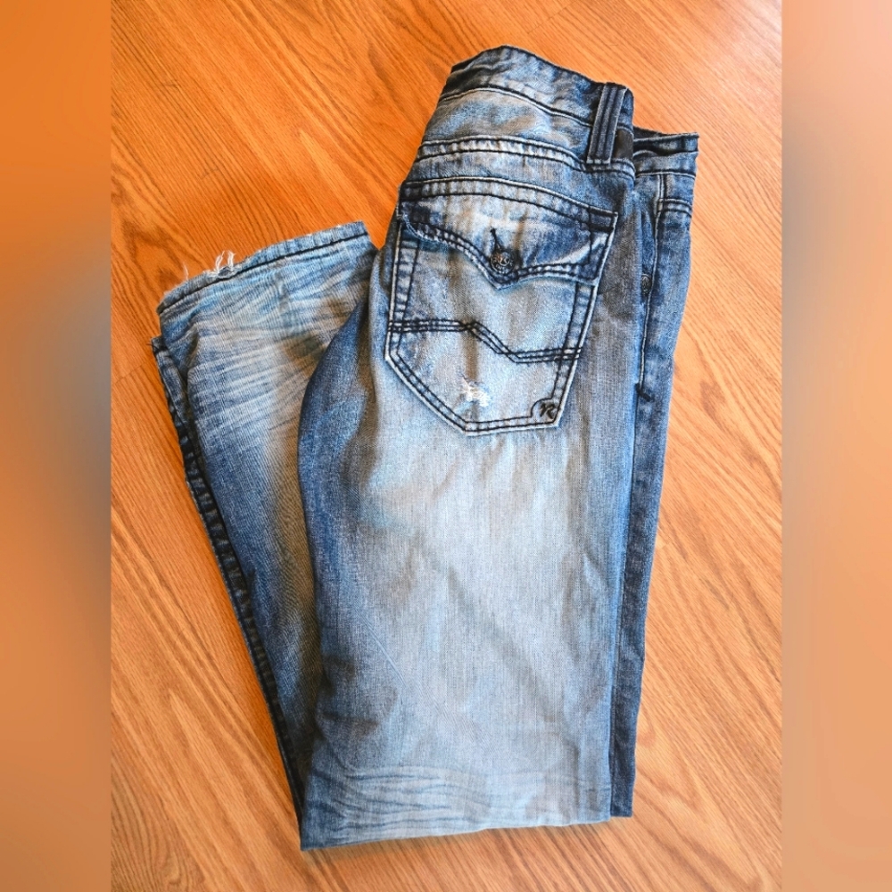 Men's Rivet De Cru Button Fly Mae fit Distressed Blue Jeans Size 34w 34l